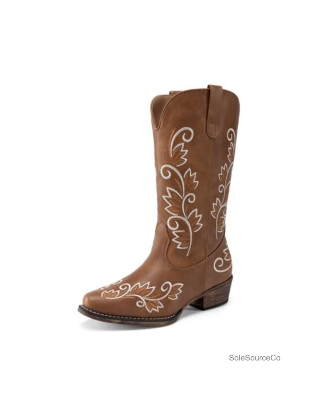 Cowboy Western Mid Calf Boots Square Toe Embroidered Faux Leather